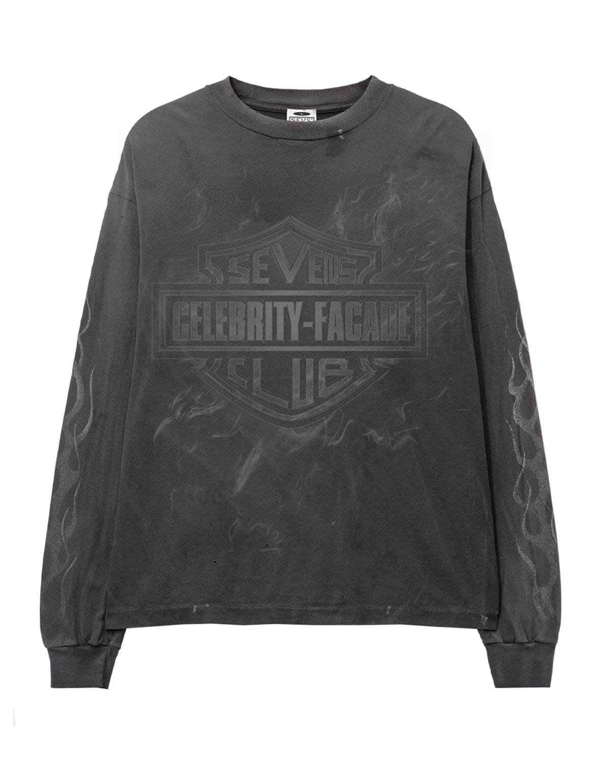 Triple Sevens Biker L/S Tee black, washed long sleeve with tonal black bar-and-shield Sevens Club print and flame sleeves, front view