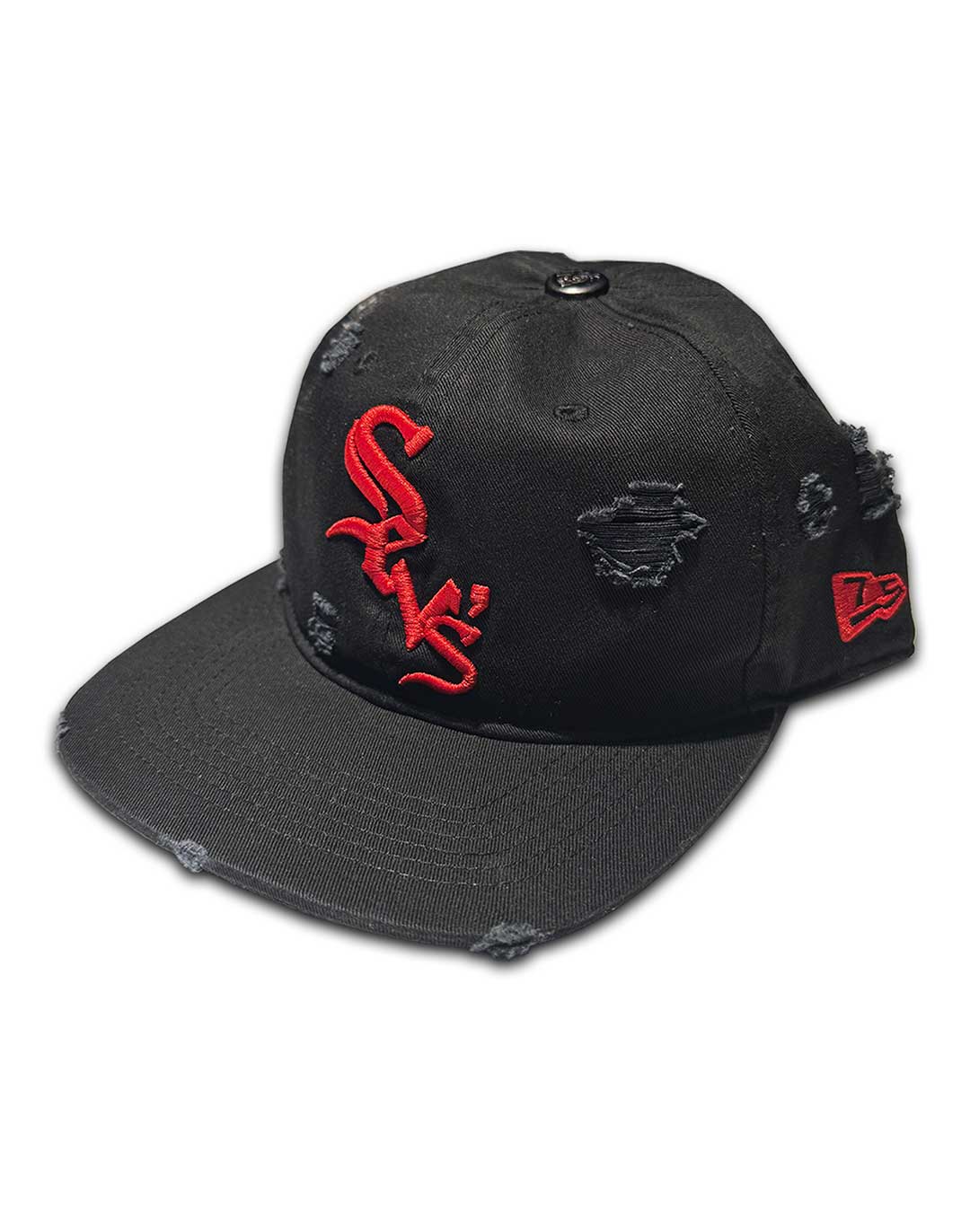 Triple Sevens Black/Red SnapBack, distressed black cap with red old-English script embroidery and flat brim, front three-quarter view