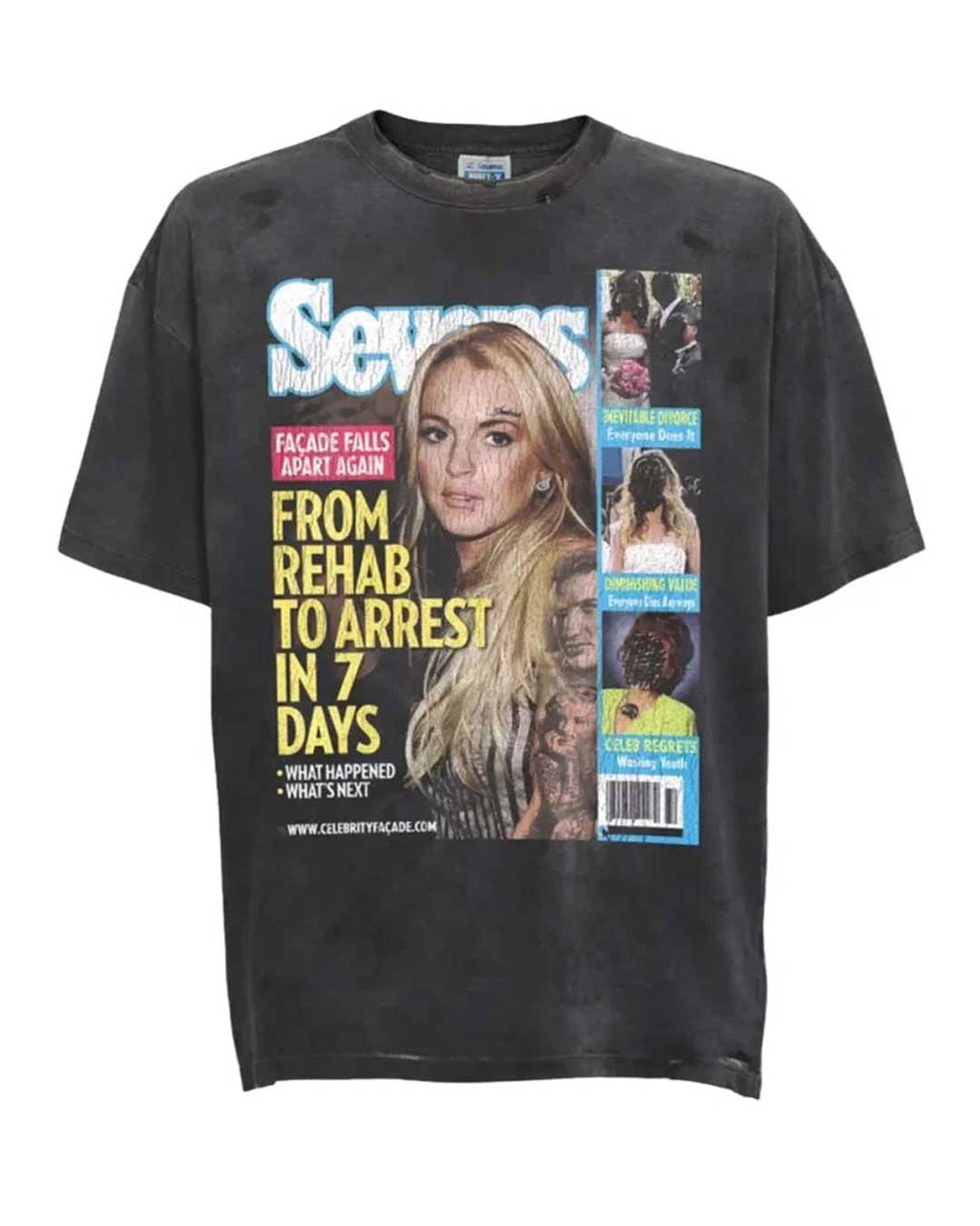 Triple Sevens Crash Out Tee Washed Black, washed black t-shirt with a full-colour tabloid magazine cover print, front view