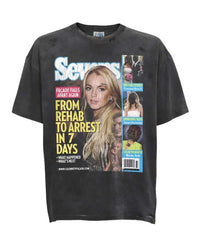 Triple Sevens Crash Out Tee Washed Black, washed black t-shirt with a full-colour tabloid magazine cover print, front view