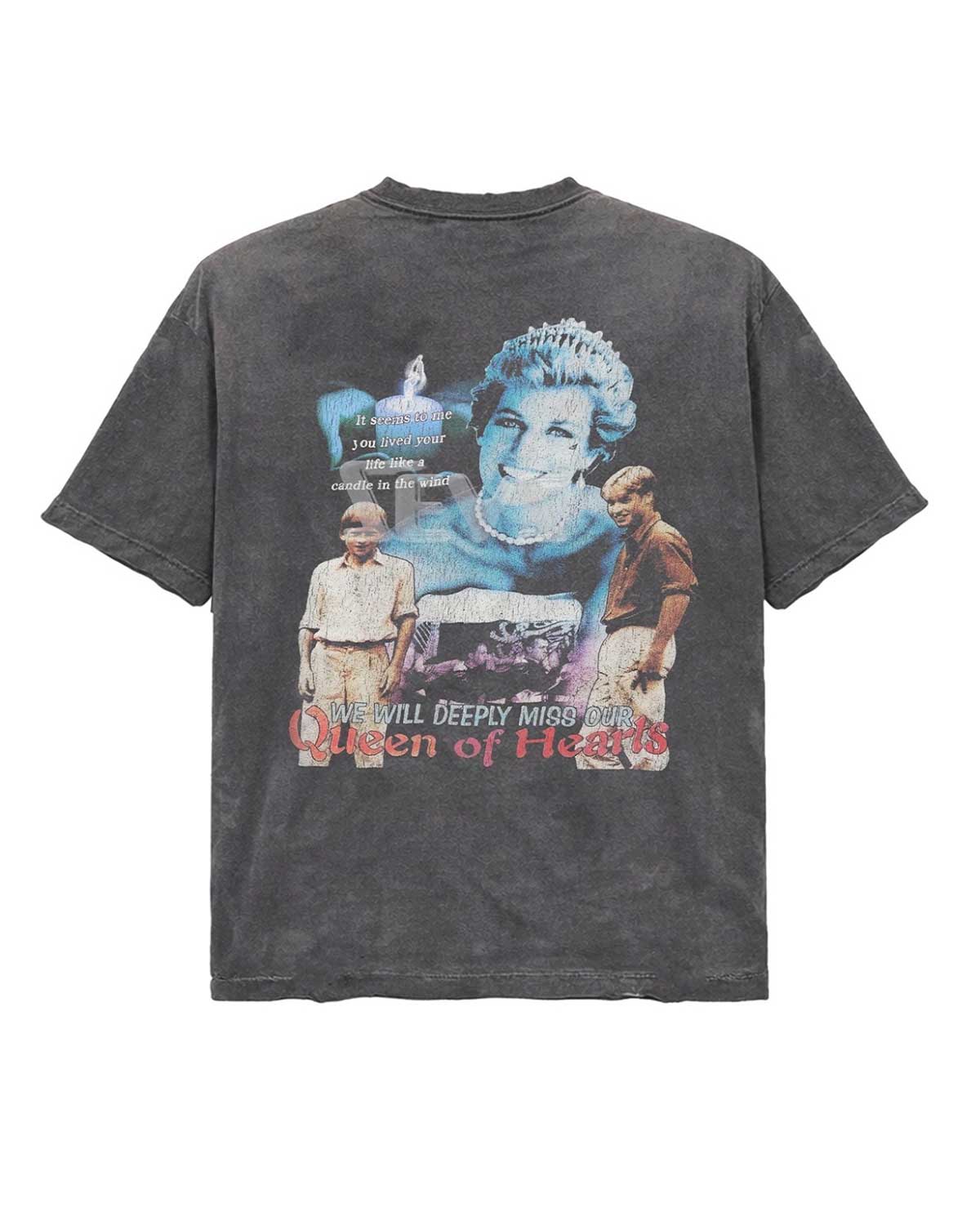 Triple Sevens Diana Tee black, Queen of Hearts tribute collage back print, back view