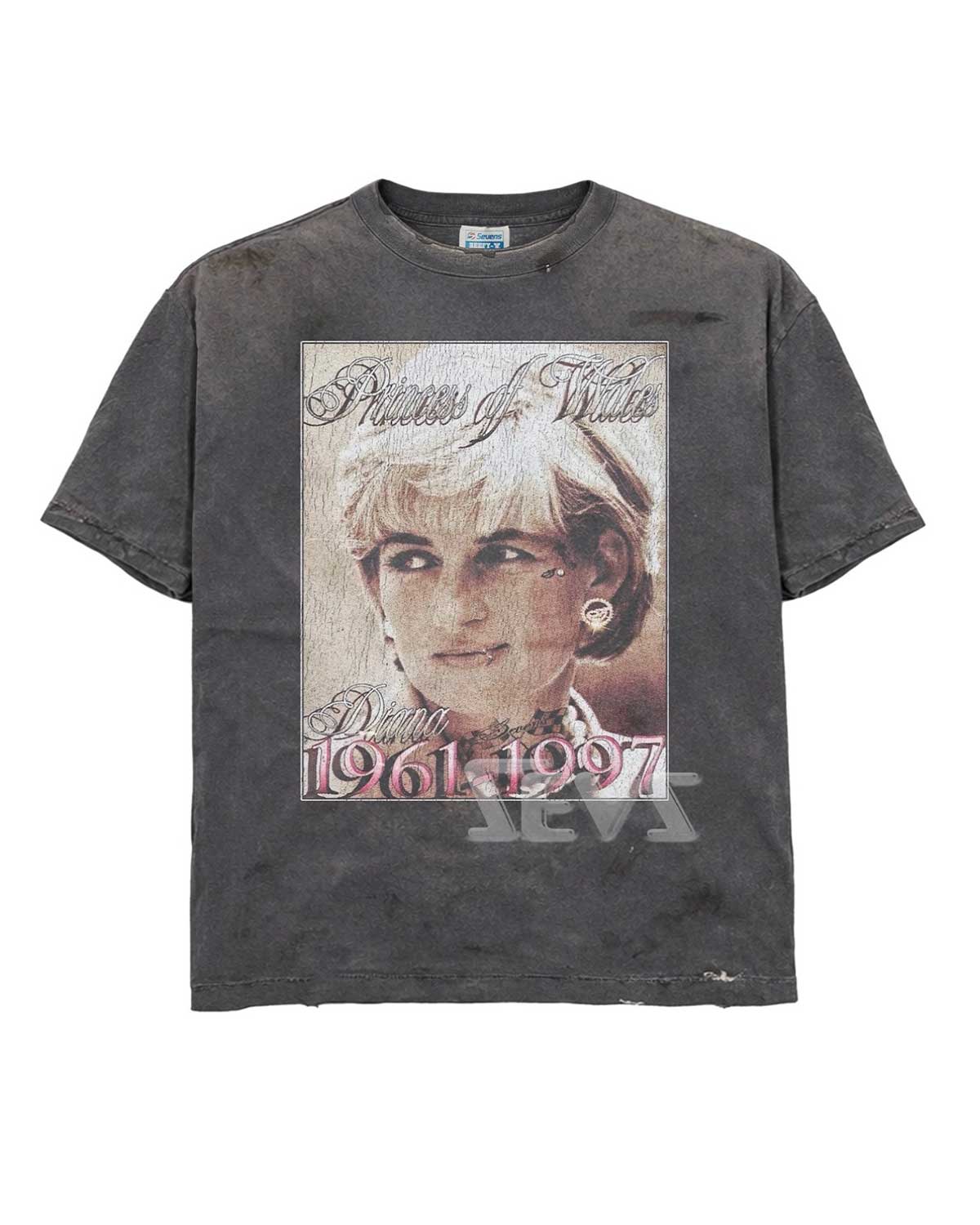 Triple Sevens Diana Tee black, washed memorial tee with Princess of Wales 1961-1997 portrait, front view
