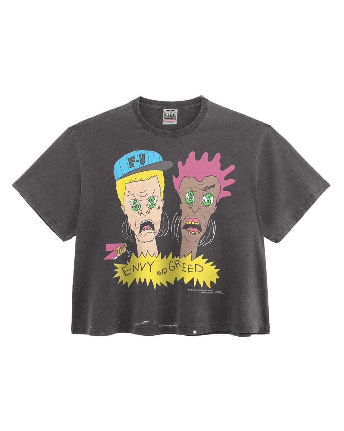 Triple Sevens Envy & Greed Tee black, washed tee with a cartoon duo over a yellow Envy and Greed starburst, front view