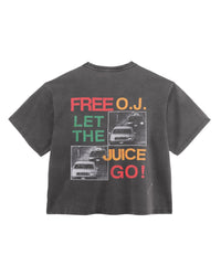 Triple Sevens Free OJ Tee black, Free O.J. Let The Juice Go freeway-chase collage across the back, back view