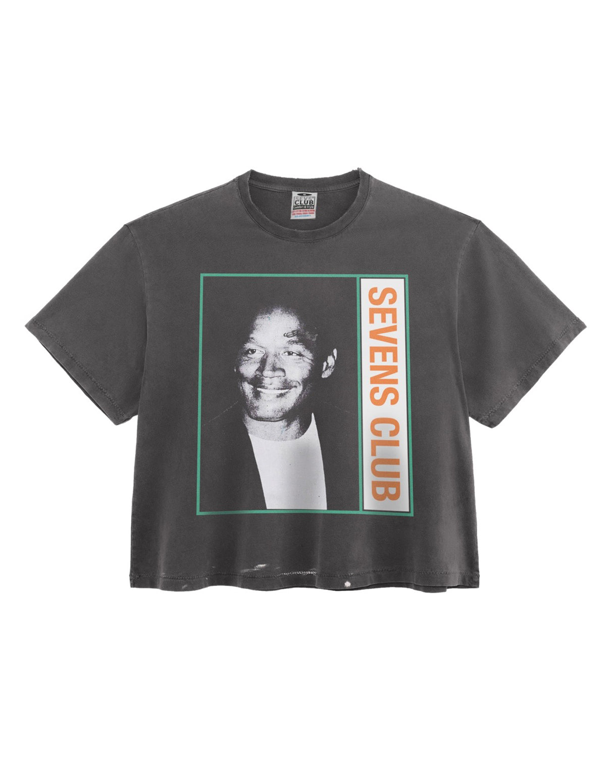 Triple Sevens Free OJ Tee black, washed tee with a framed greyscale portrait and vertical orange Sevens Club lettering, front view