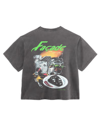 Triple Sevens Illusion Tee black, back view with a large green Façade script over a still-life print