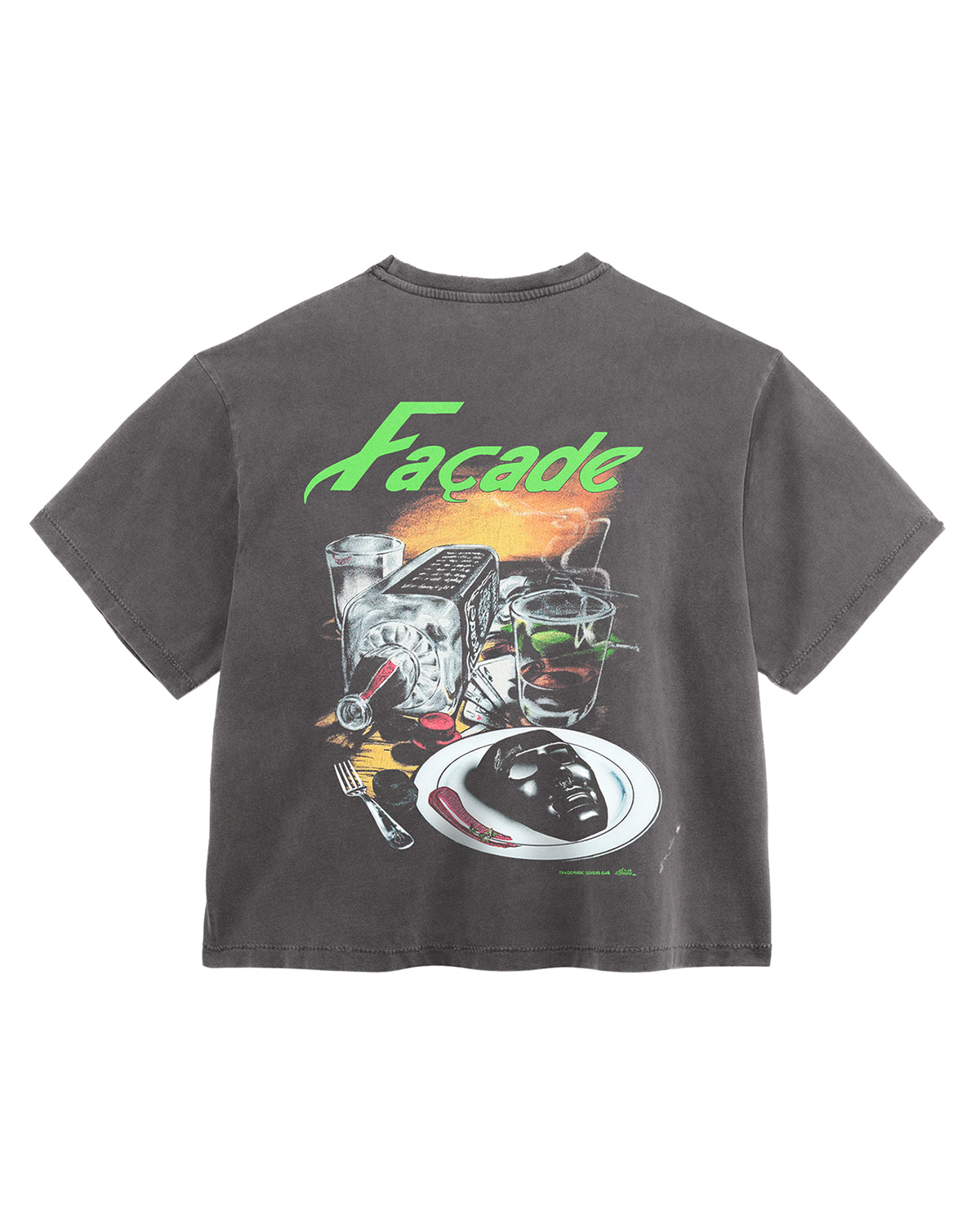 Triple Sevens Illusion Tee black, back view with a large green Façade script over a still-life print