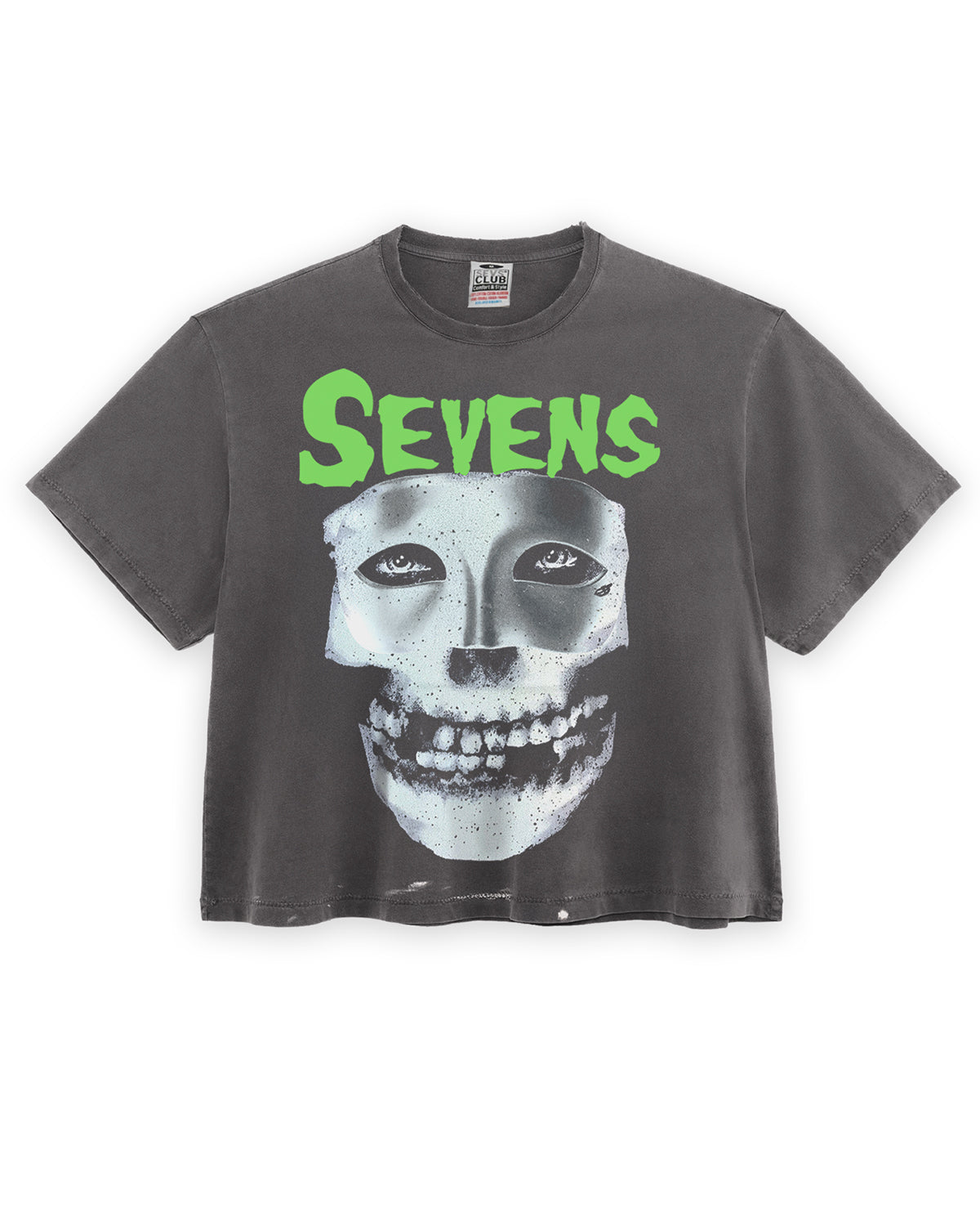 Triple Sevens Iron Face Tee black, washed tee with green Sevens lettering above a greyscale skull face, front view