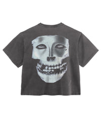 Triple Sevens Iron Face Tee black, oversized greyscale skull face printed across the back, back view