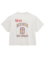 Triple Sevens Kobe Tee white, back view with a pinstriped collegiate arch print in purple and gold