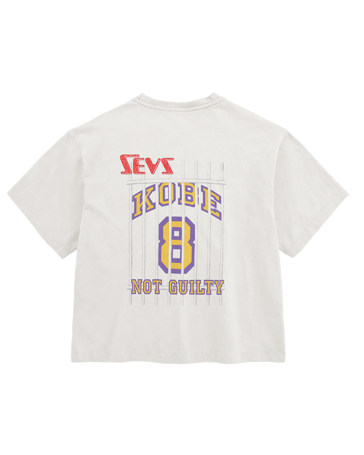 Triple Sevens Kobe Tee white, back view with a pinstriped collegiate arch print in purple and gold