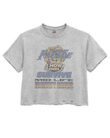 Triple Sevens Lakers Tee grey, distressed heather tee with a vintage blue and gold bar-and-shield novelty print, front view