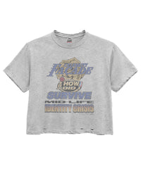 Triple Sevens Lakers Tee grey, distressed heather tee with a vintage blue and gold bar-and-shield novelty print, front view