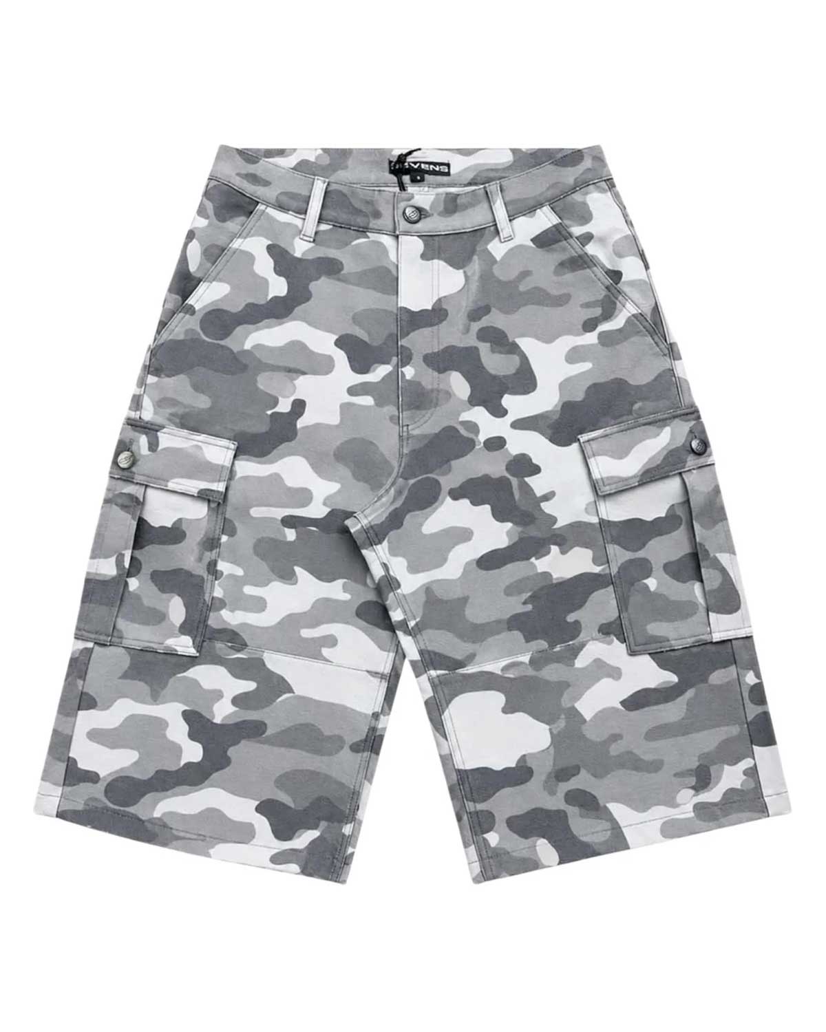 Triple Sevens Leather Camo Shorts grey, baggy faux-leather cargo shorts in urban camo, front view