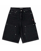 Triple Sevens Monogram Denim Shorts black, baggy carpenter jorts with tonal monogram-embossed panels, front view