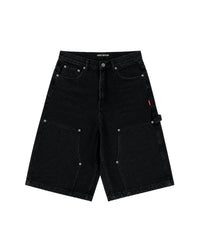 Triple Sevens Monogram Denim Shorts black, baggy carpenter jorts with tonal monogram-embossed panels, front view
