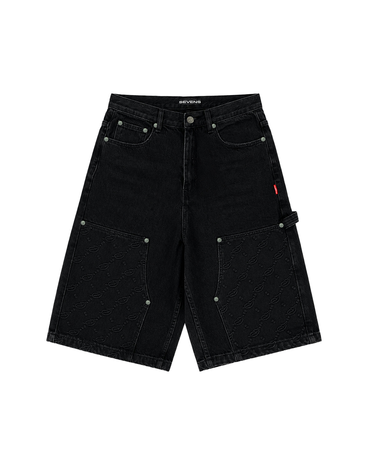 Triple Sevens Monogram Denim Shorts black, baggy carpenter jorts with tonal monogram-embossed panels, front view