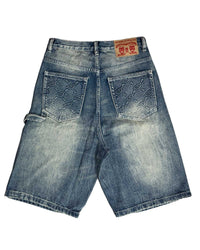 Back view of light blue denim shorts with decorative embroidered details on the back pockets and a brown leather brand patch at the waistband.