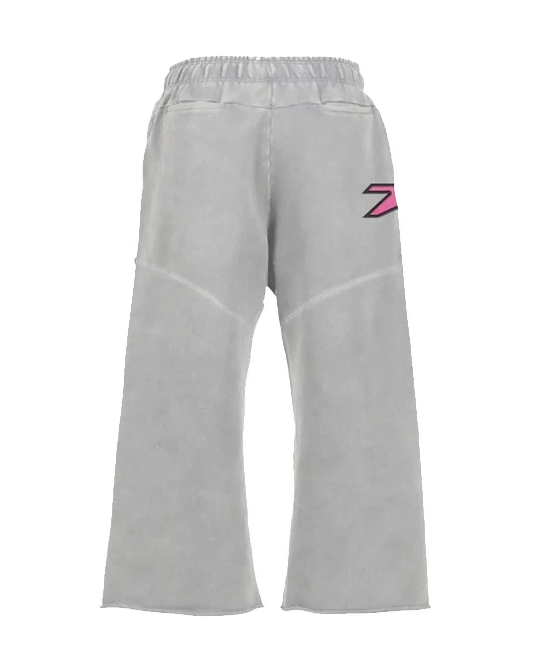 Triple Sevens Moto Sweatpants grey, back view with pink and red logo on the right leg