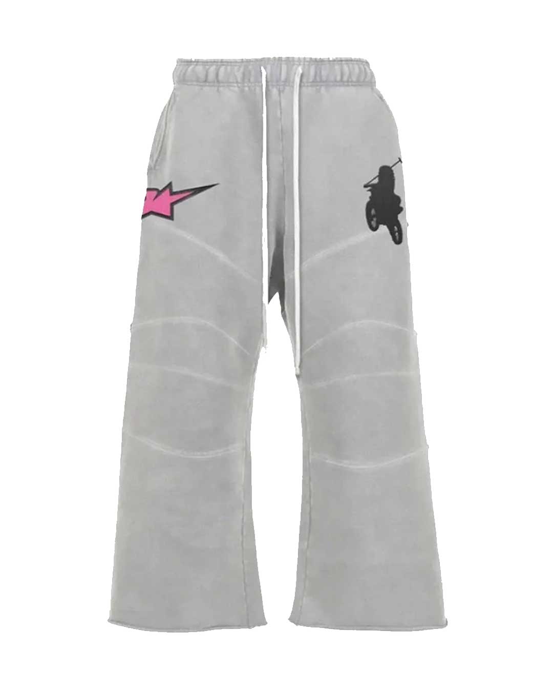 Triple Sevens Moto Sweatpants grey, wide-leg sweatpants with pink star patch and rider graphic, front view