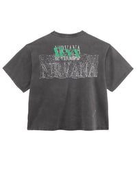 Triple Sevens Nirvana Tee black, green logo over rippled repeat lettering across the back, back view
