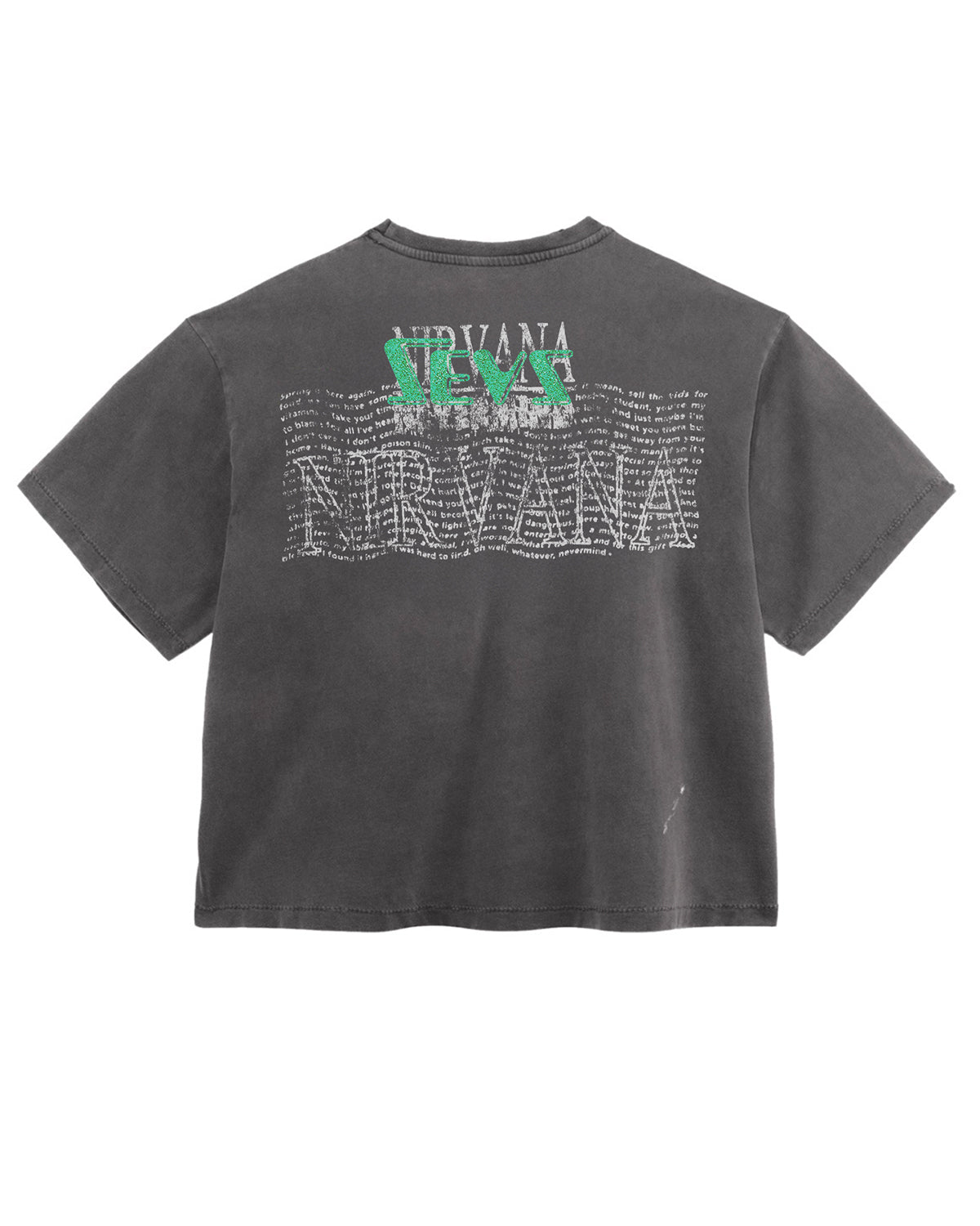 Triple Sevens Nirvana Tee black, green logo over rippled repeat lettering across the back, back view