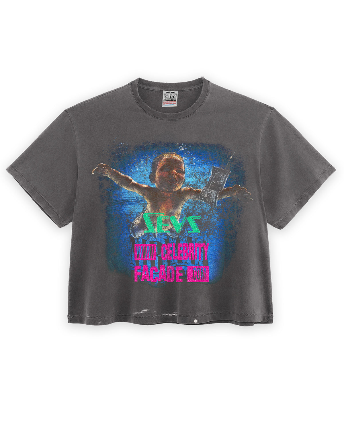 Triple Sevens Nirvana Tee black, washed tee with an underwater photo print and green and hot pink lettering, front view