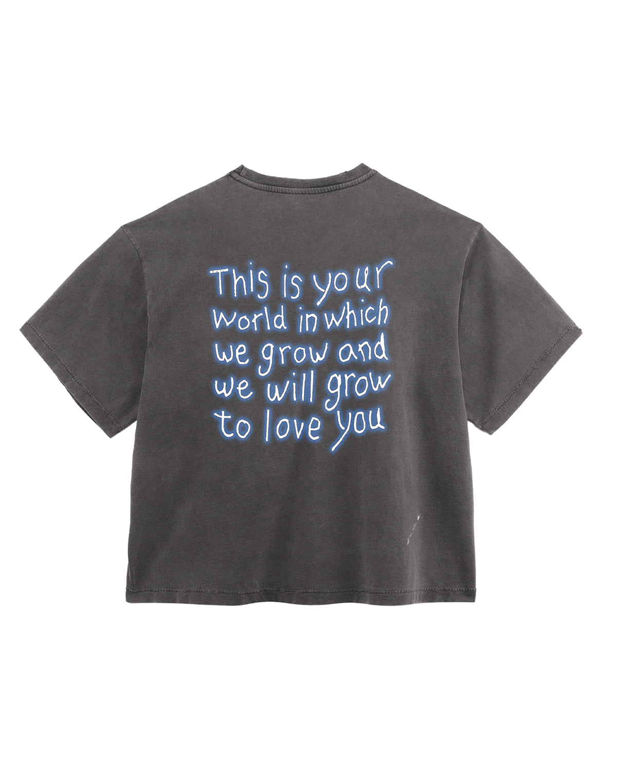 Triple Sevens Tears Tee black, back view with a handwritten blue text block print