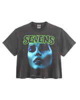 Triple Sevens Tears Tee black, washed boxy tee with a green Sevens bubble logo over a blue-toned face print, front view