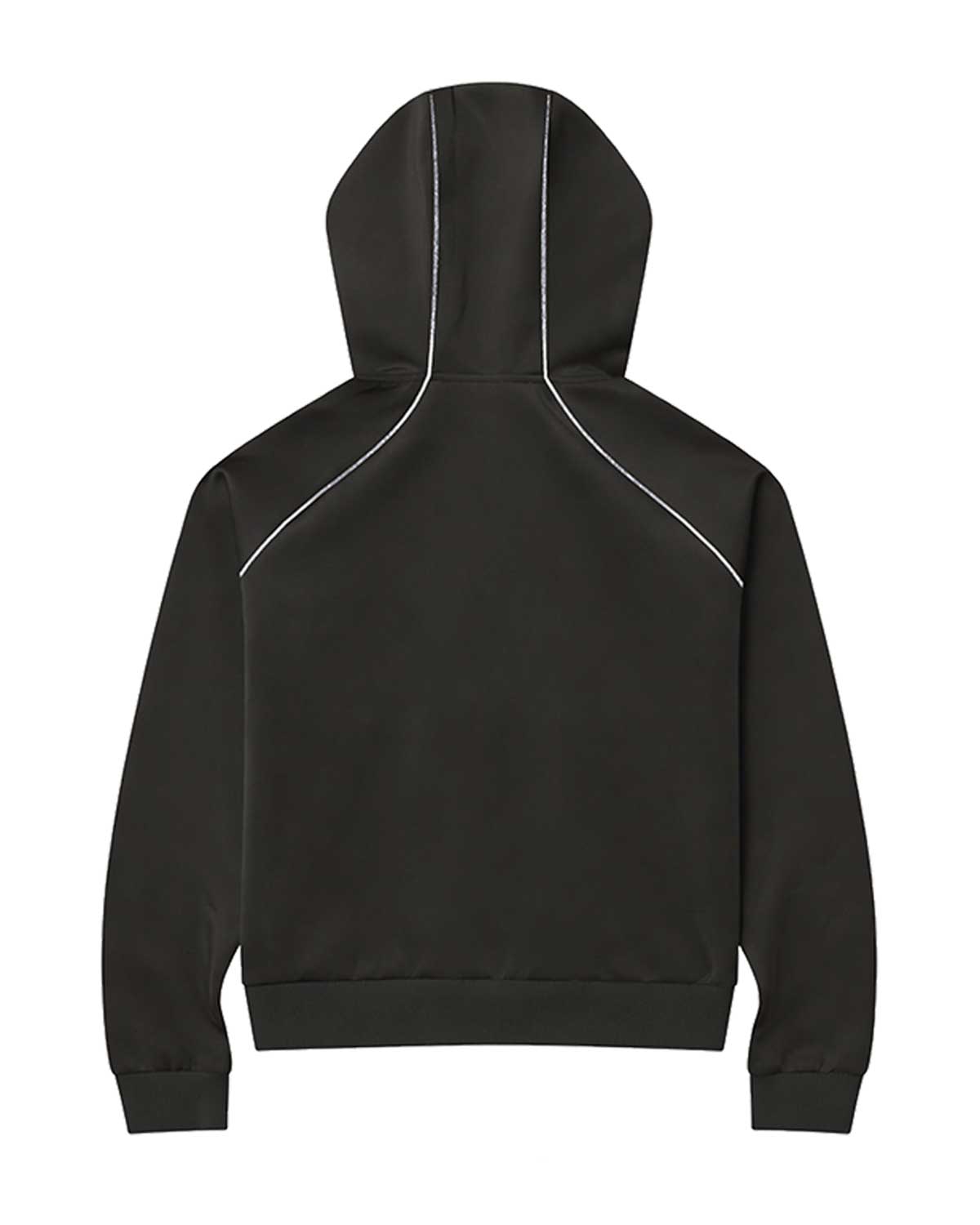 Sevens Club Tracksuit Top black, back view of the hood with white piping across the shoulders