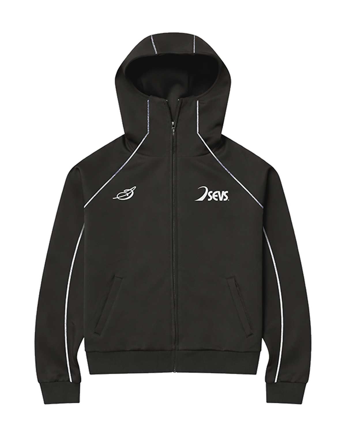 Sevens Club Tracksuit Top black, zip-up hoodie with white piping and small white chest logos, front view