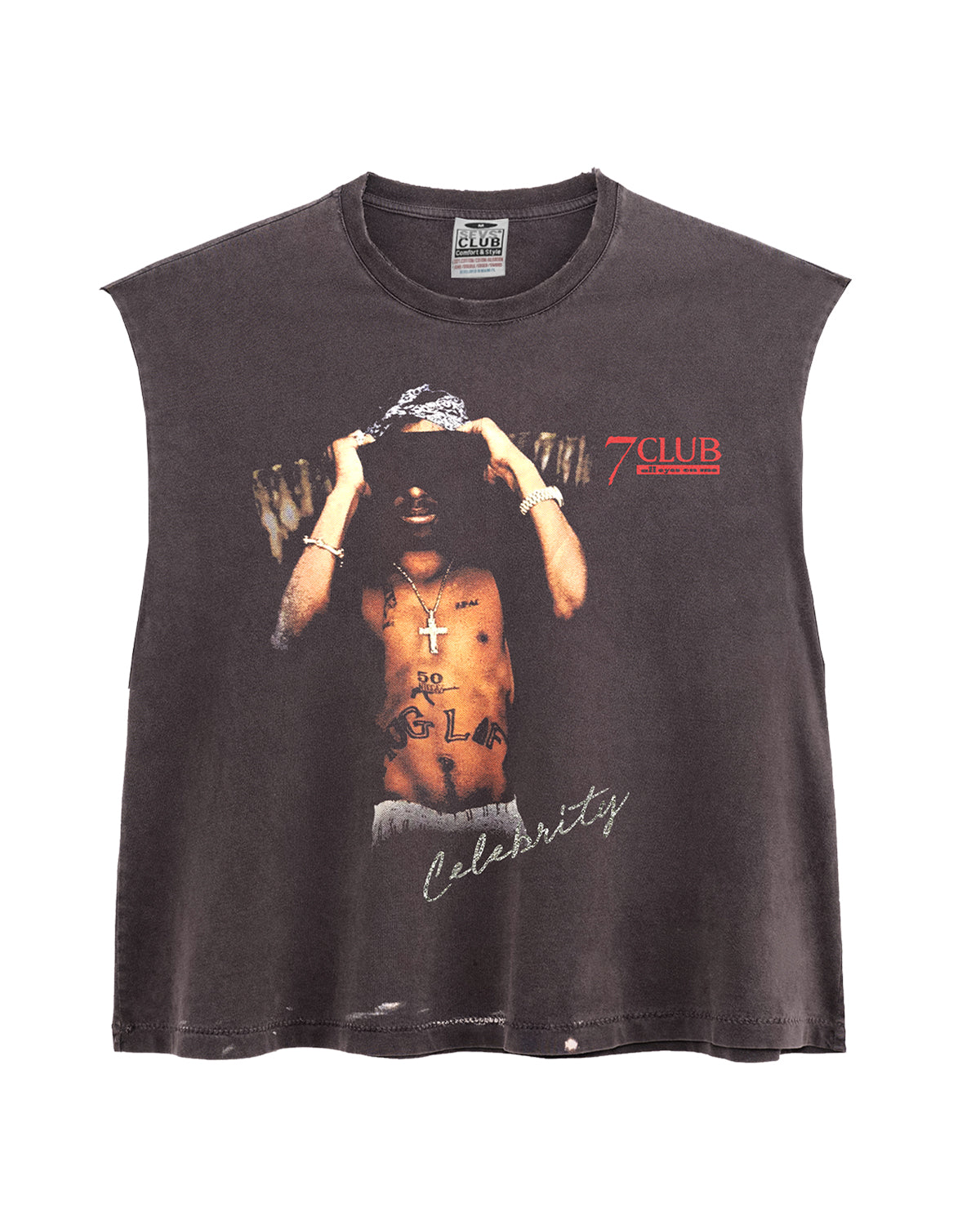 Triple Sevens Tupac Cutoff Tee black, washed sleeveless cutoff with a full-colour portrait print and red 7 Club lockup, front view