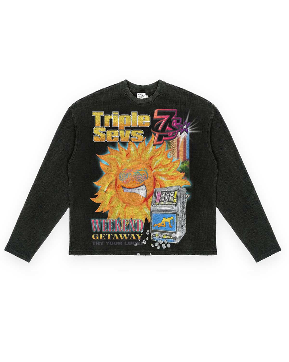 Triple Sevens Weekend Getaway Waffle Knit L/S Tee Black