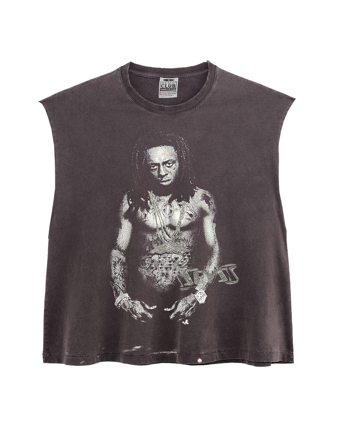 Triple Sevens Weezy Cutoff Tee black, washed sleeveless cutoff with a full-body greyscale portrait print, front view