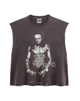 Triple Sevens Weezy Cutoff Tee black, washed sleeveless cutoff with a full-body greyscale portrait print, front view
