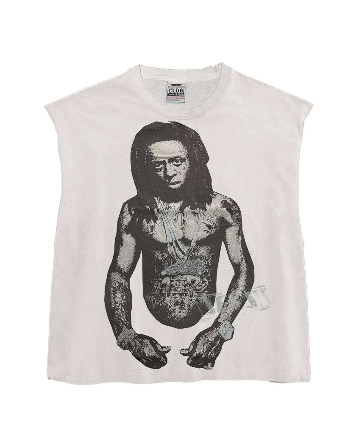 Triple Sevens Weezy Cutoff Tee white, sleeveless cutoff with a full-body greyscale portrait print, front view