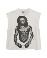 Triple Sevens Weezy Cutoff Tee white, sleeveless cutoff with a full-body greyscale portrait print, front view