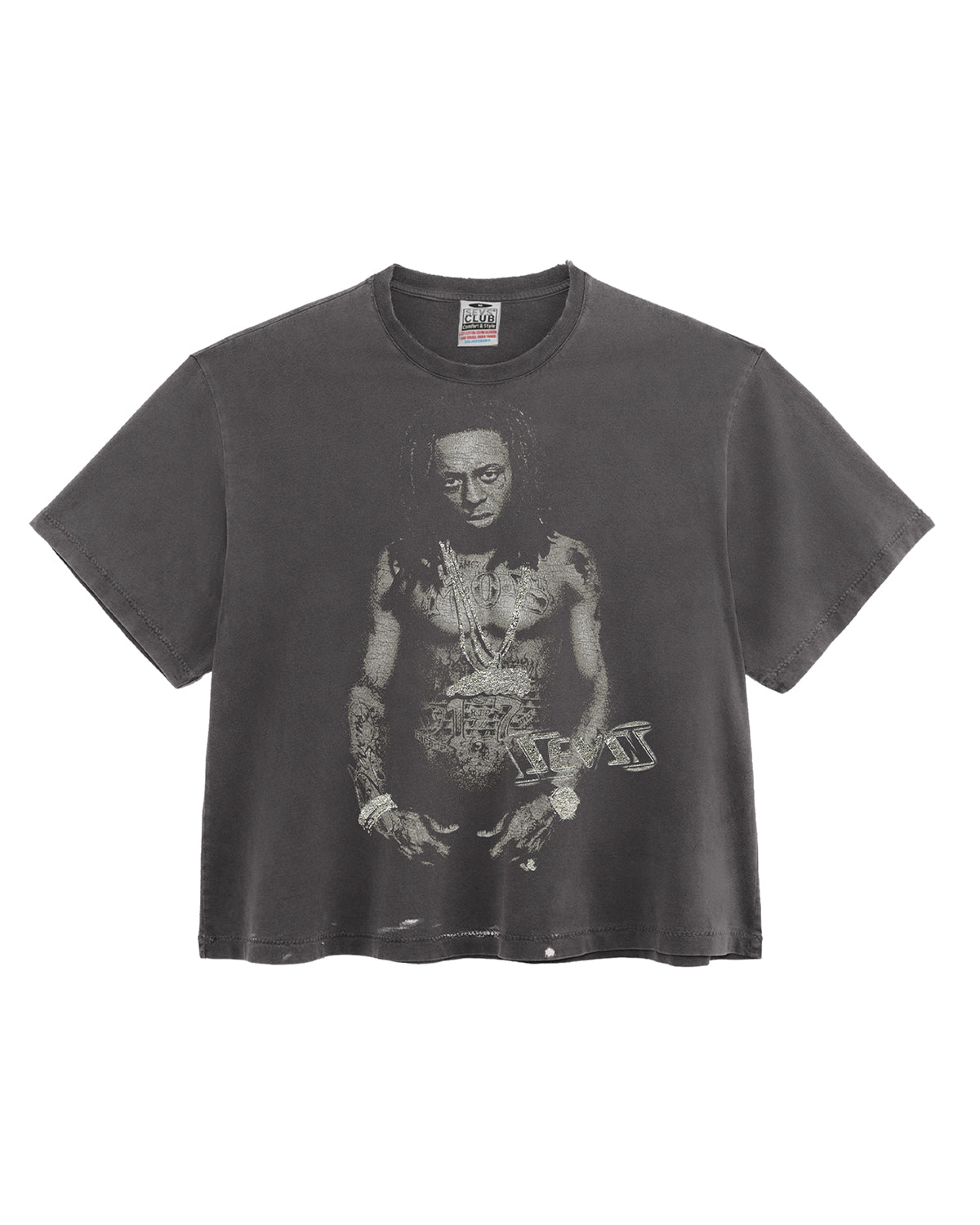 Triple Sevens Weezy Tee black, washed boxy tee with a faded monochrome portrait photo print and chrome Sevens logo, front view