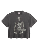 Triple Sevens Weezy Tee black, washed boxy tee with a faded monochrome portrait photo print and chrome Sevens logo, front view