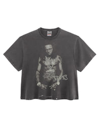 Triple Sevens Weezy Tee black, washed boxy tee with a faded monochrome portrait photo print and chrome Sevens logo, front view