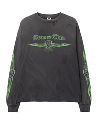 Triple Sevens 2000s L/S Tee black, washed long sleeve with green Old English Sevens Club lettering and tribal flames down the sleeves, front view