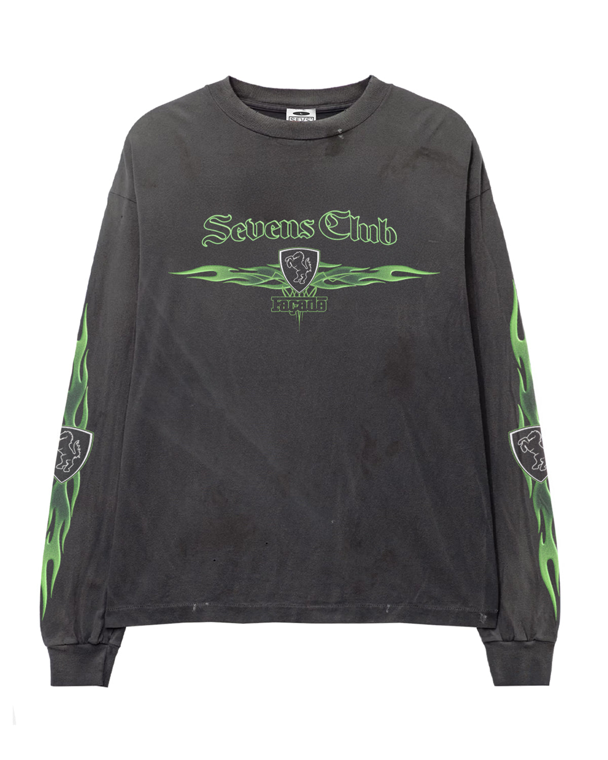 Triple Sevens 2000s L/S Tee black, washed long sleeve with green Old English Sevens Club lettering and tribal flames down the sleeves, front view
