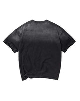 A faded black short-sleeve t-shirt with a washed, mineral-wash texture, shown from the back against a plain white background.