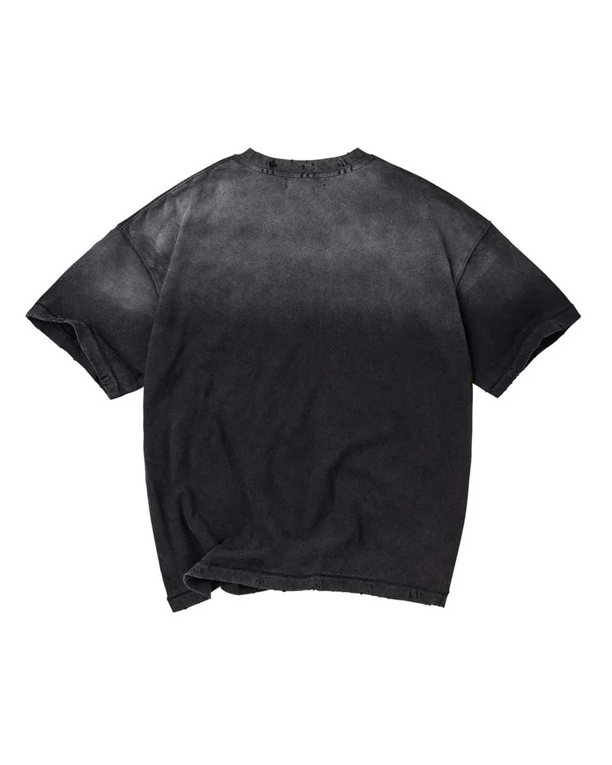A faded black short-sleeve t-shirt with a washed, mineral-wash texture, shown from the back against a plain white background.