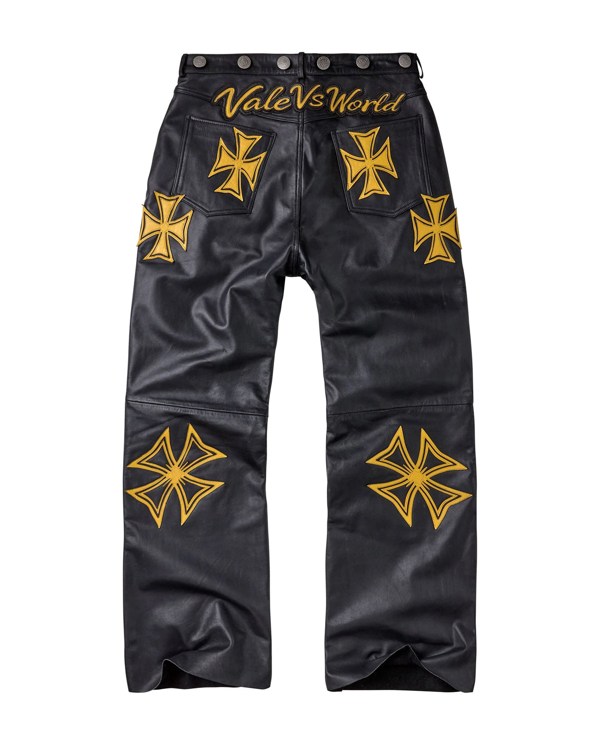 Vale Forever Allstar Leather Pants canary black, gold iron-cross patches and Vale World script at the waistband, back view
