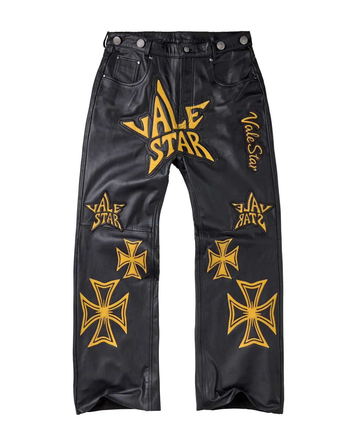 Vale Forever Allstar Leather Pants canary black, black leather with gold Vale Star lettering and iron-cross patches, front view