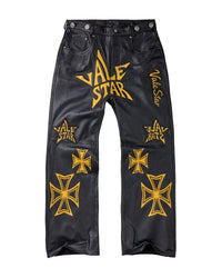 Vale Forever Allstar Leather Pants canary black, black leather with gold Vale Star lettering and iron-cross patches, front view