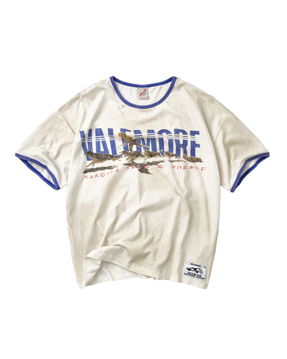 Vale Forever Alps Ringer Tee white, ringer tee with blue trim and Valemore mountain graphic, front view