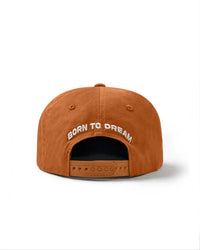 Vale Forever Aubrey Snapper brown, back view with arched BORN TO DREAM embroidery above the snap closure