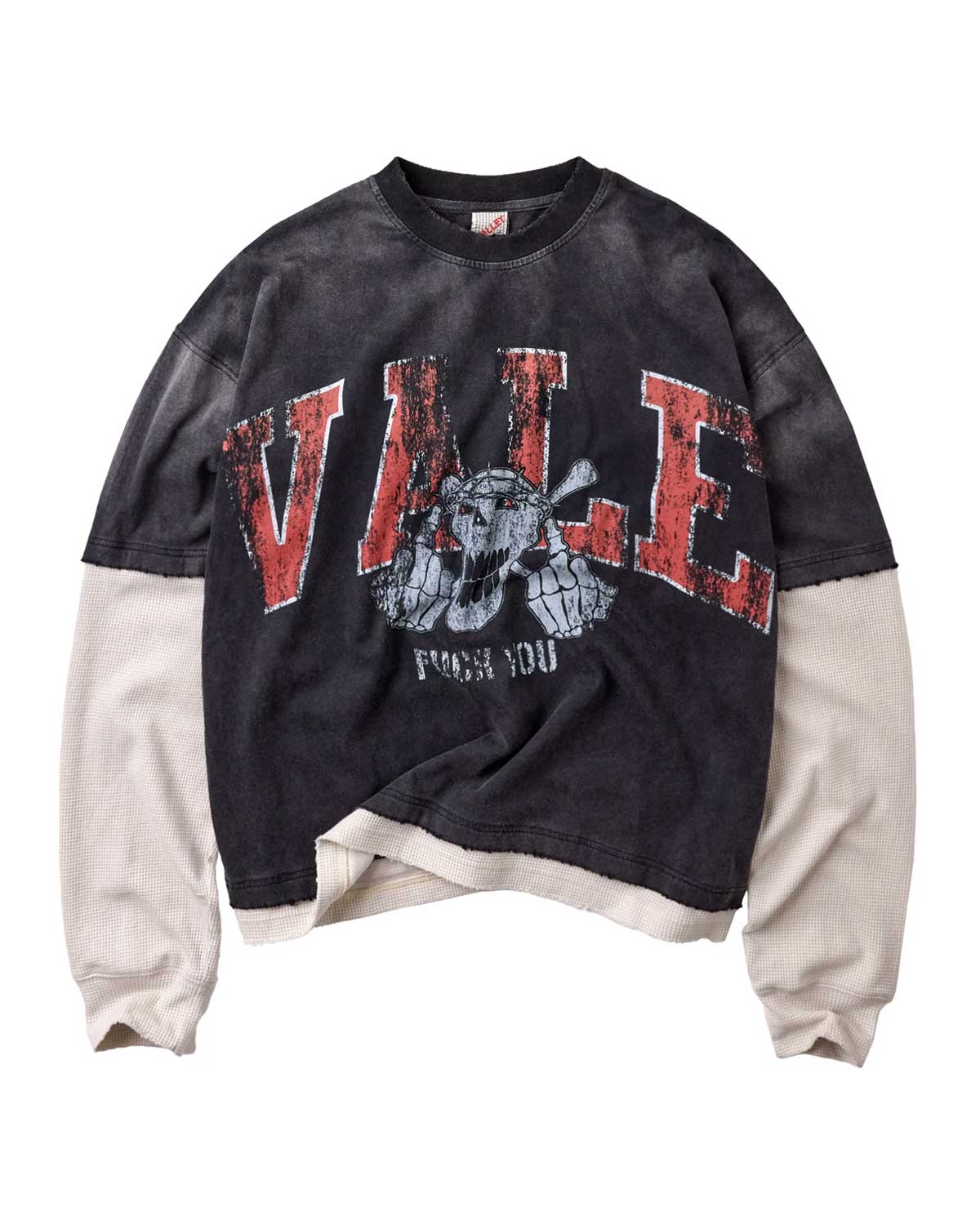 Vale Forever Big Brother L/S Tee black, layered tee with cream waffle-knit sleeves and cracked VALE print, front view